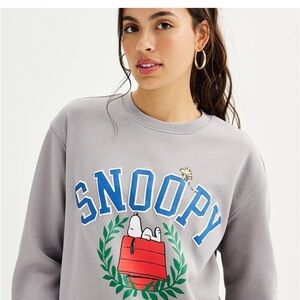🆕 Juniors Peanuts Snoopy Woodstock Graphic Sweatshirt Gray L
